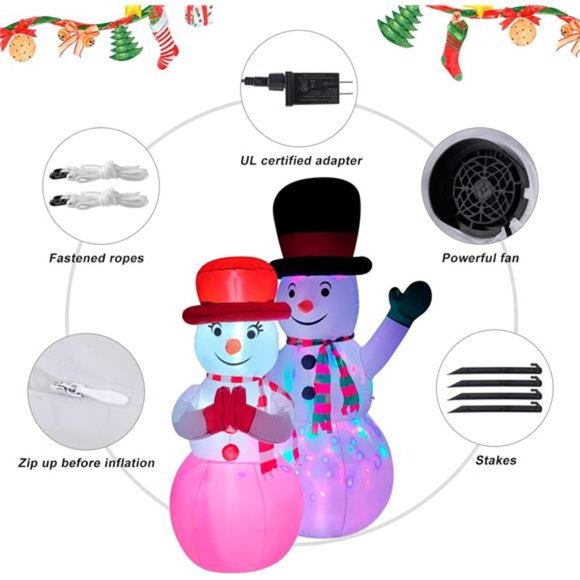 7FT Christmas Inflatables Blow Up Snowman Couple Built-in Rotating LED Light - Picture 5 of 7